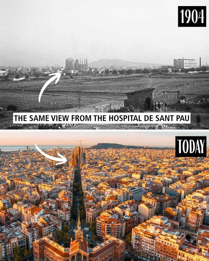 View of the Sagrada Família from the Hospital de Sant Pau in 1904 and today