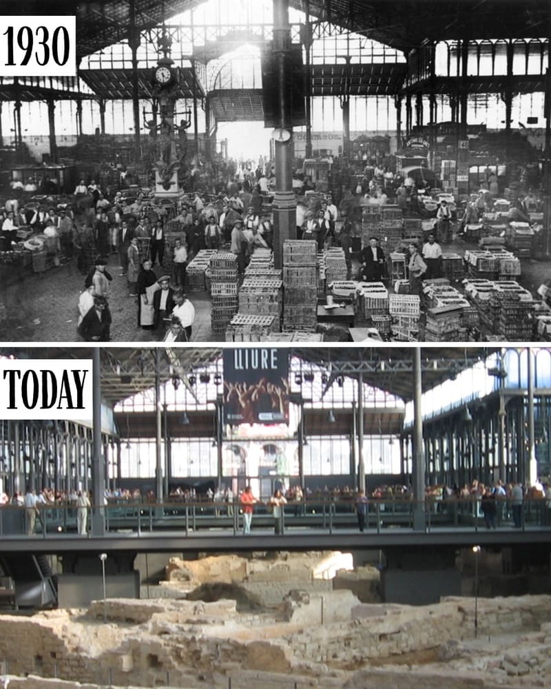 Interior of the Mercat del Born in 1930 and today