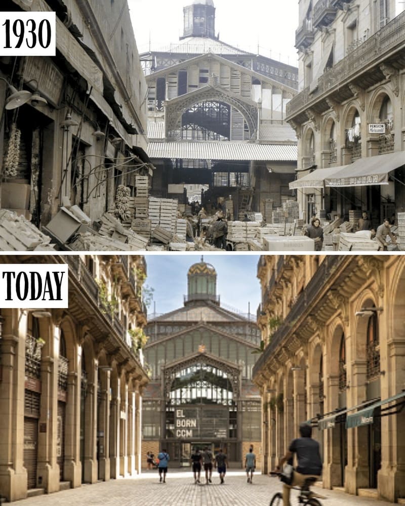 Mercat del Born in 1930 and today