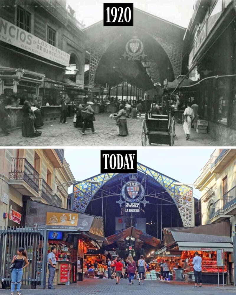 La Boqueria market in 1920 and today