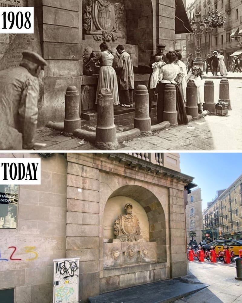 Font de Sant Just in the Gothic Quarter in 1908 and today