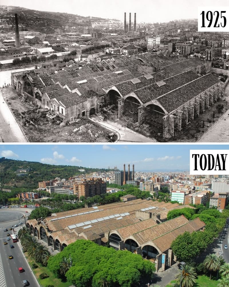 Aerial view of the Drassanes Reials shipyards in 1925 and today