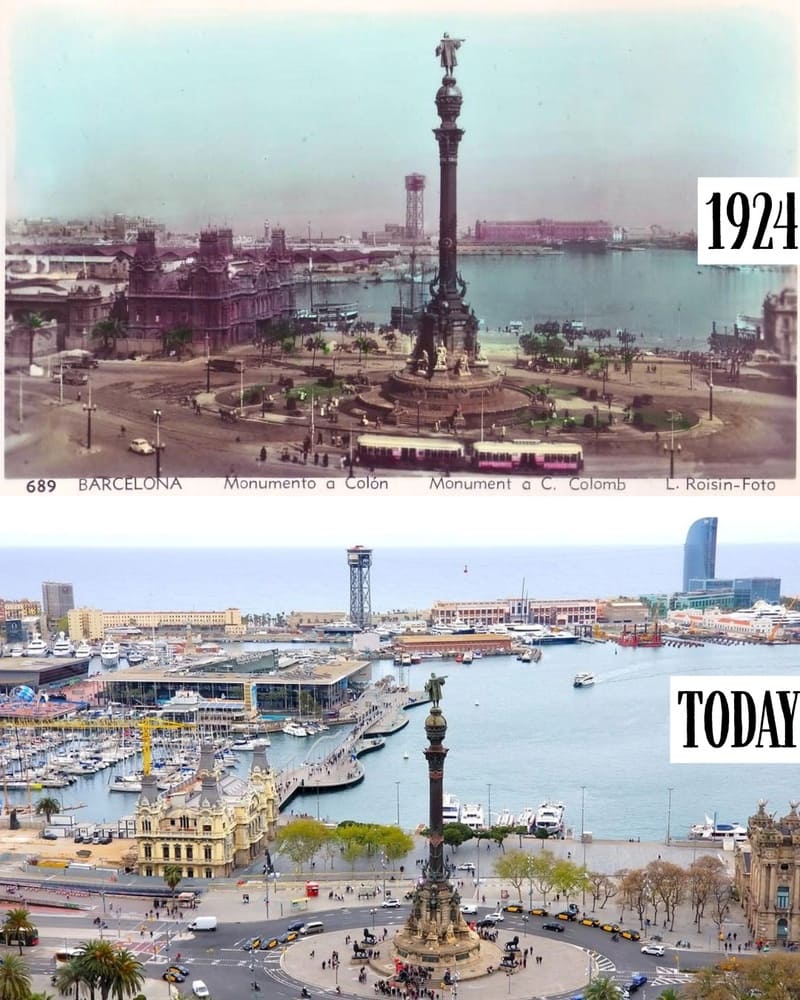 Columbus Monument and the port in 1924 and today