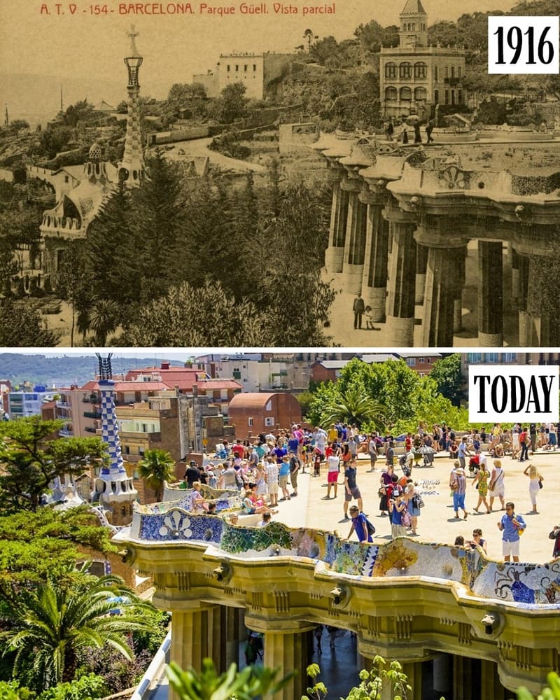 Serpentine bench of Park Güell in 1916 and today