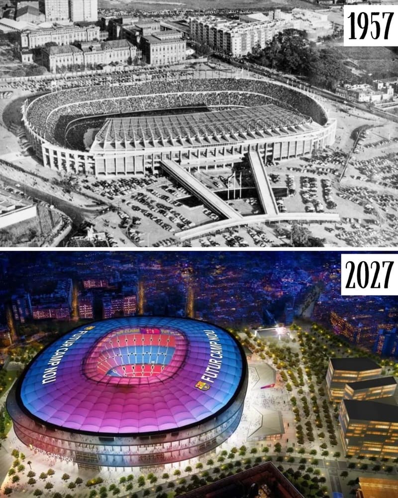 Camp Nou in 1957 and in 2027