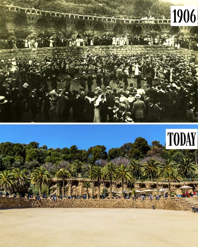 Terrace of Park Güell in 1906 and today