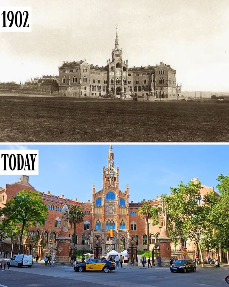 Site of the Hospital de Sant Pau in 1902 and today