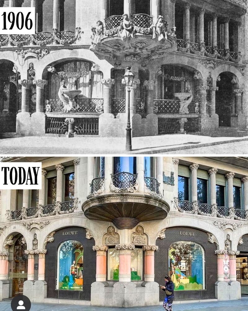 Casa Lleó Morera on Passeig de Gràcia in 1906 and today