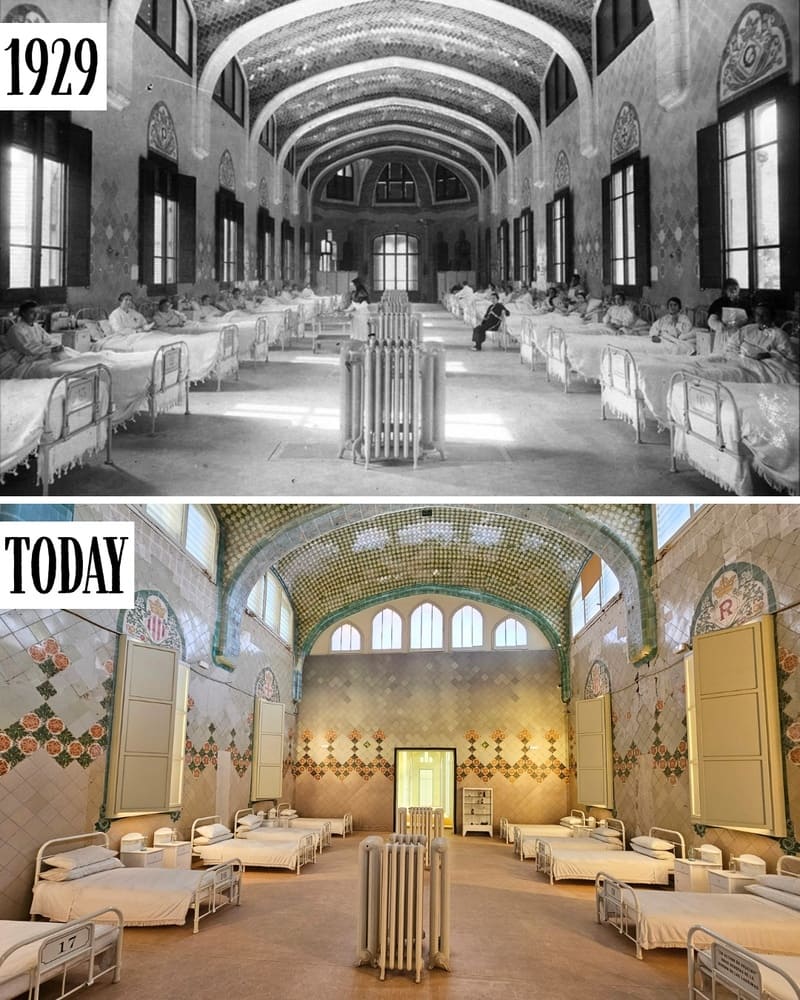 Hospital ward inside a Sant Pau pavilion in 1929 and today