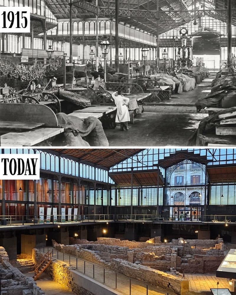 Mercat del Born interior in 1915 and today with the archaeological site
