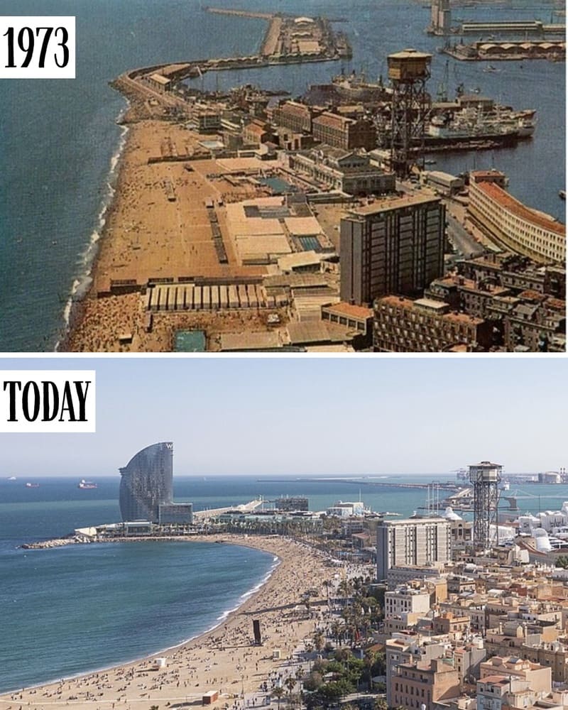 Barceloneta coast in 1973 and today with the W Barcelona hotel