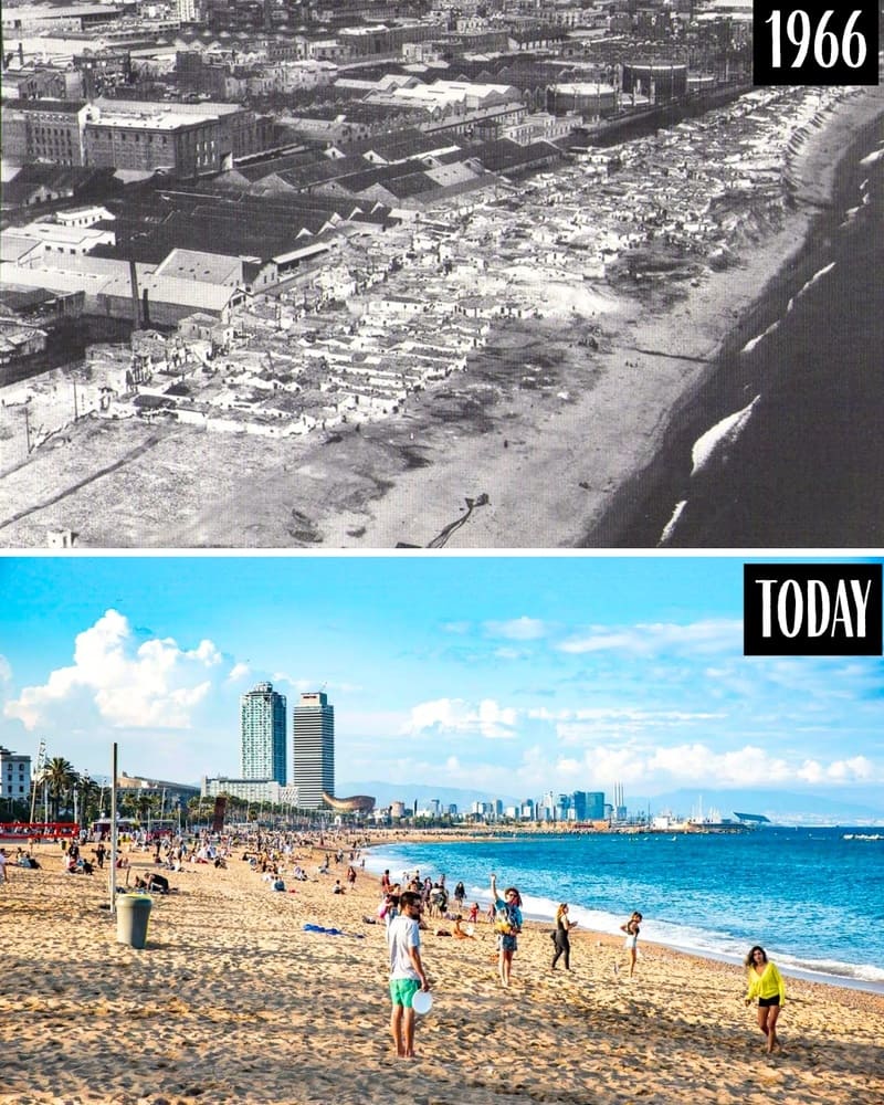 Barcelona beach in 1966 and today with the Olympic Village towers