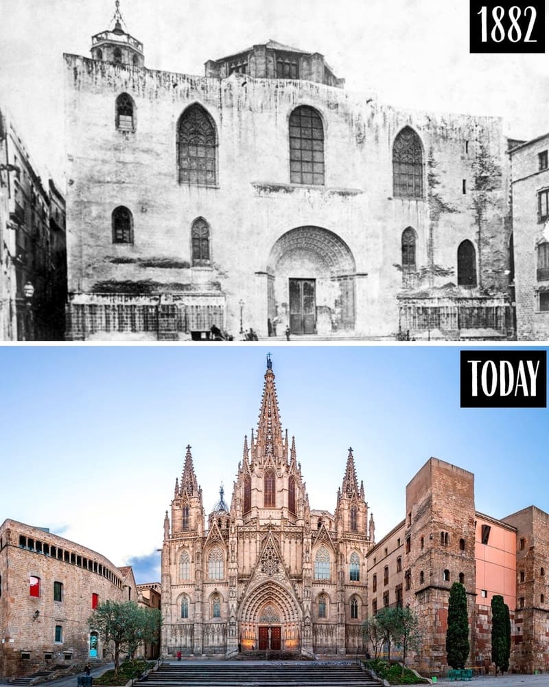 Barcelona Cathedral façade in 1882 and today
