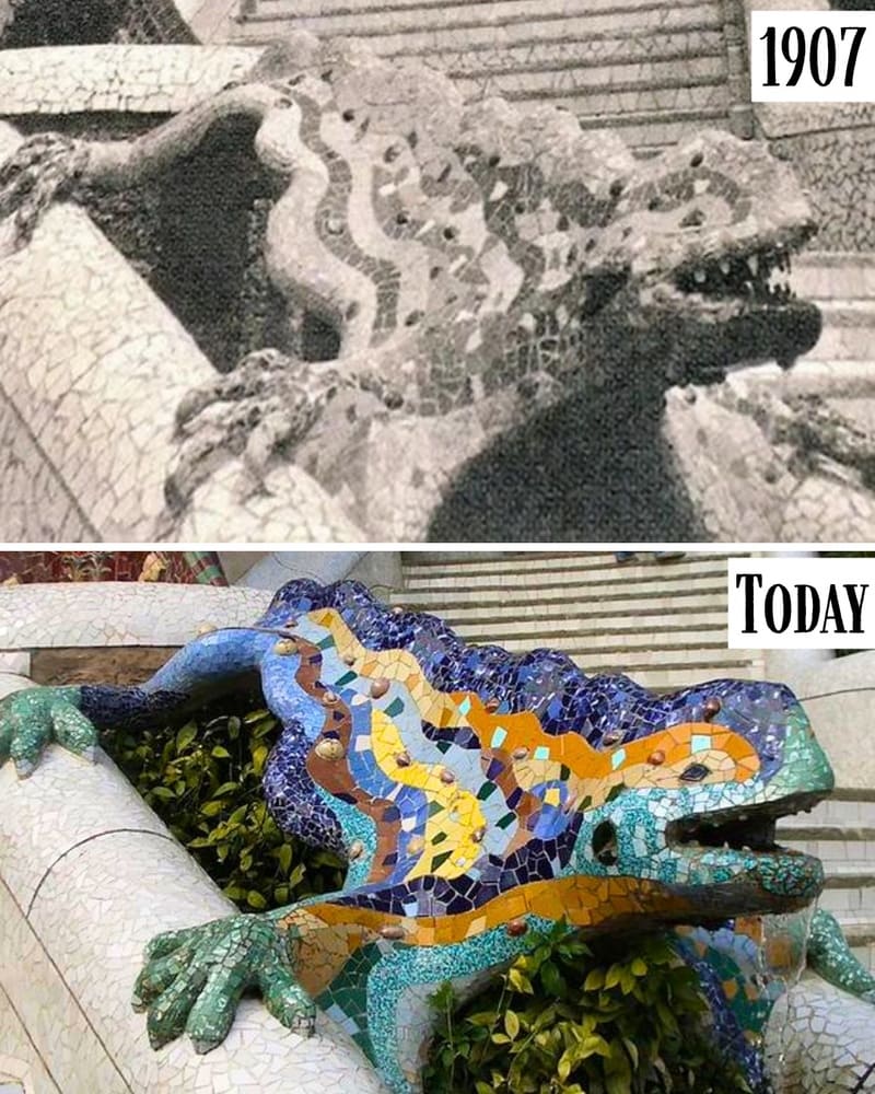 Mosaic dragon fountain at Park Güell in 1907 and today