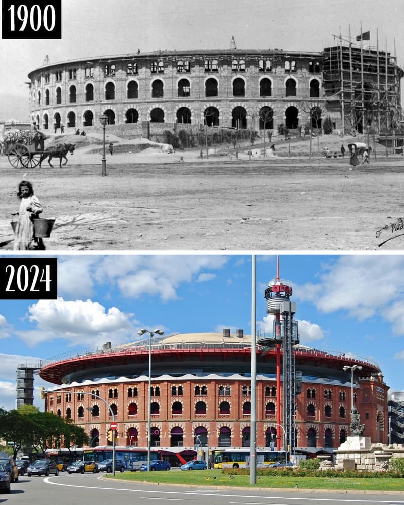 Las Arenas bullring in 1900 and in 2024