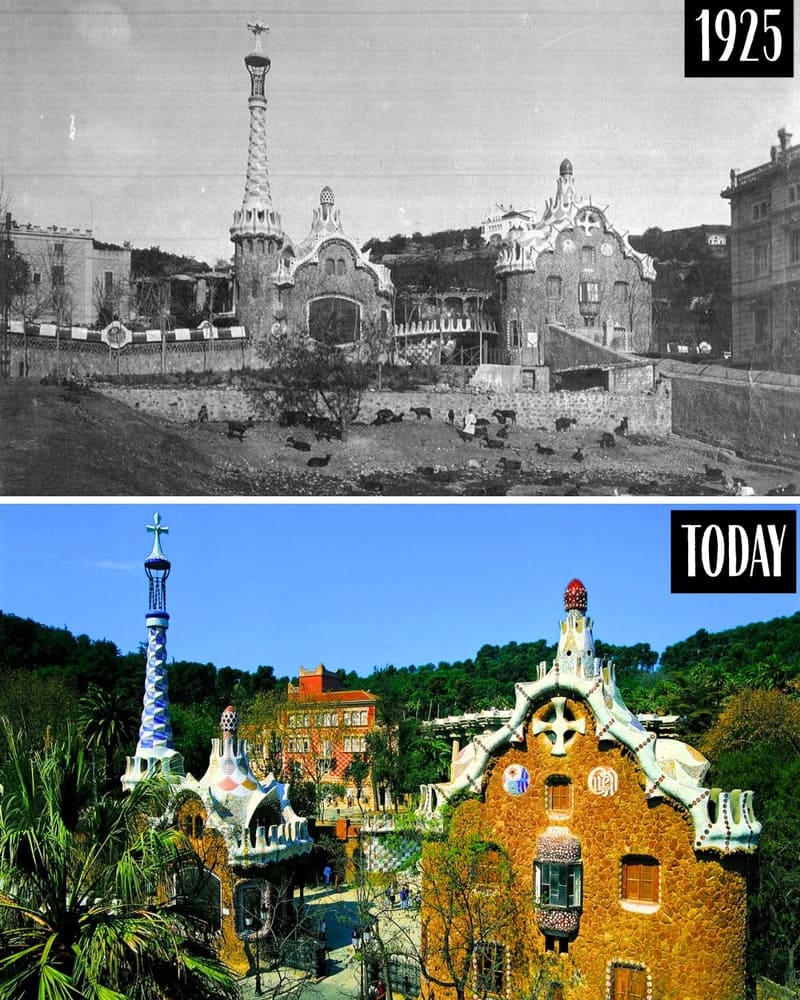 Entrance pavilions of Park Güell in 1925 and today