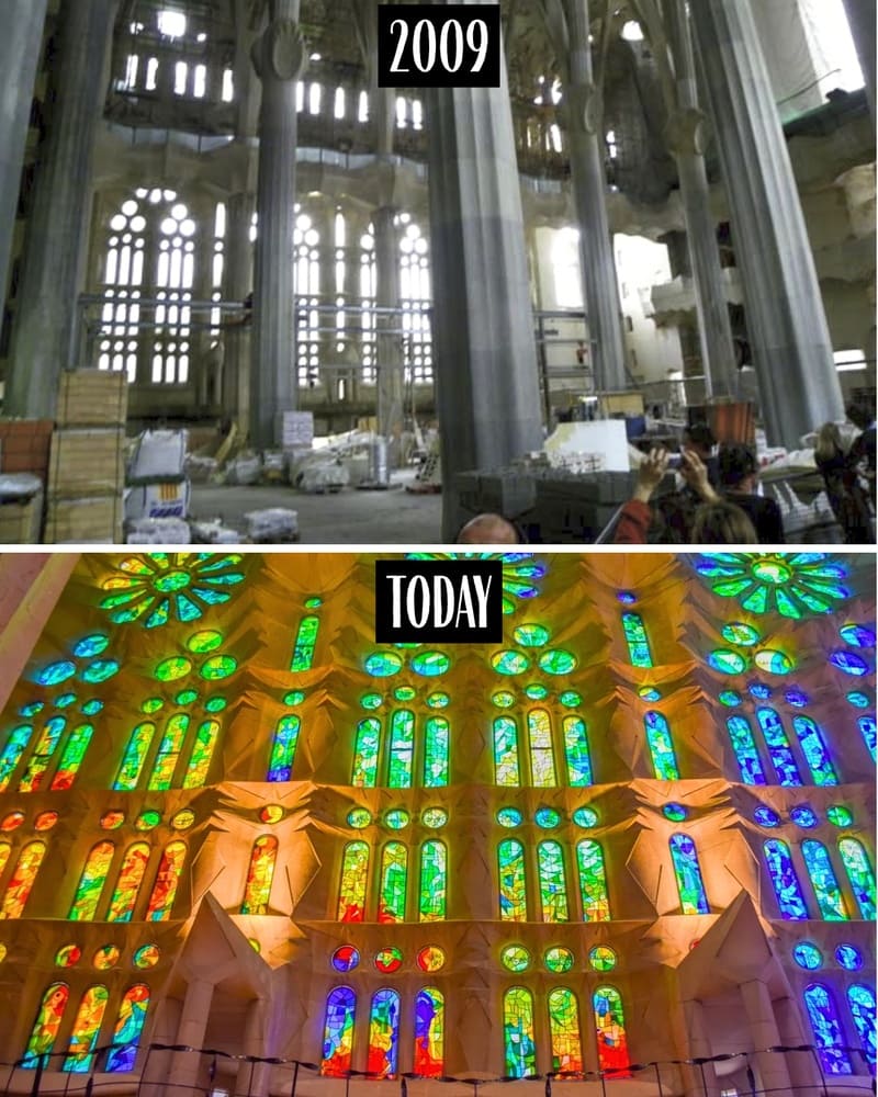 Interior of the Sagrada Família in 2009 and today