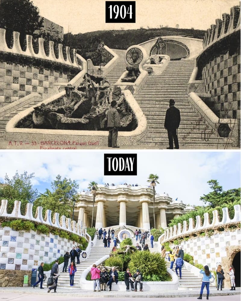 Main staircase of Park Güell in 1904 and today