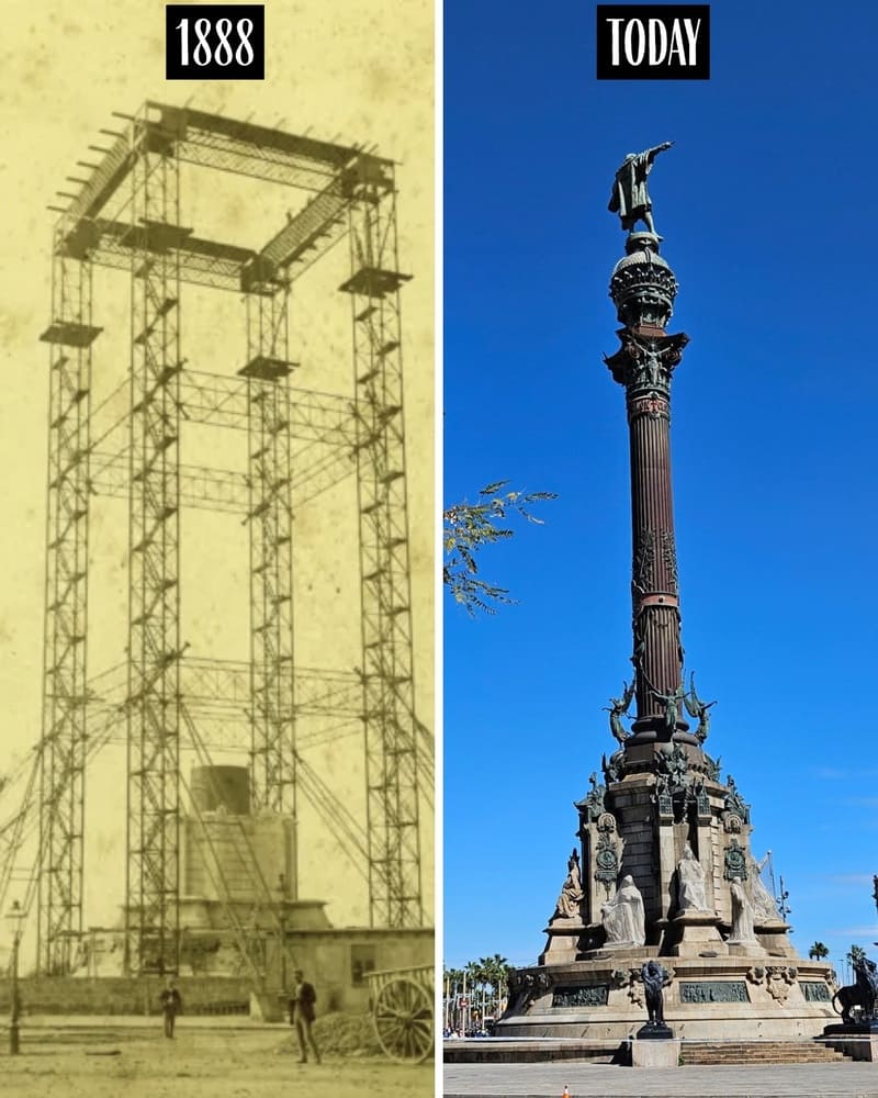 Columbus Monument under construction in 1888 and today