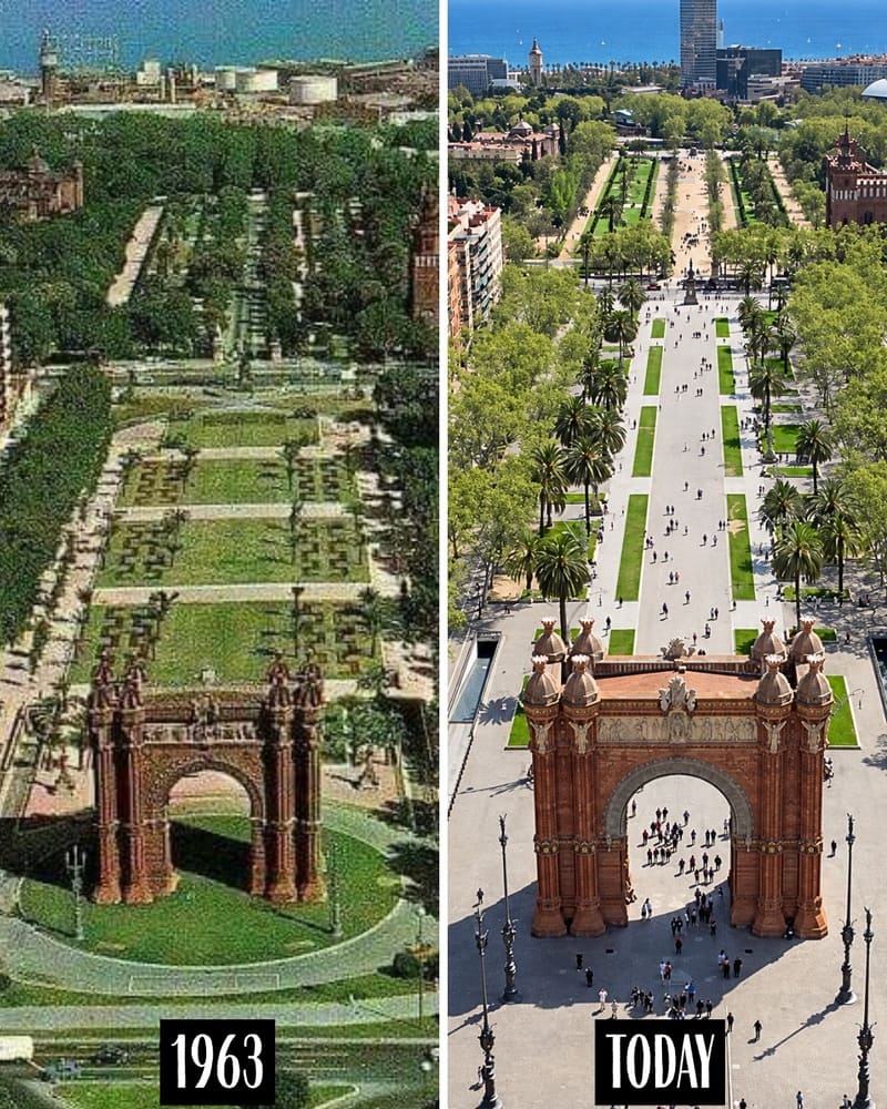 Aerial view of the Arc de Triomf and Passeig de Lluís Companys in 1963 and today