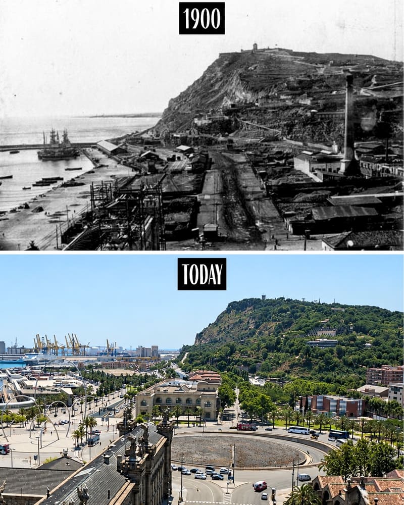 Montjuïc hill and castle in 1900 and today
