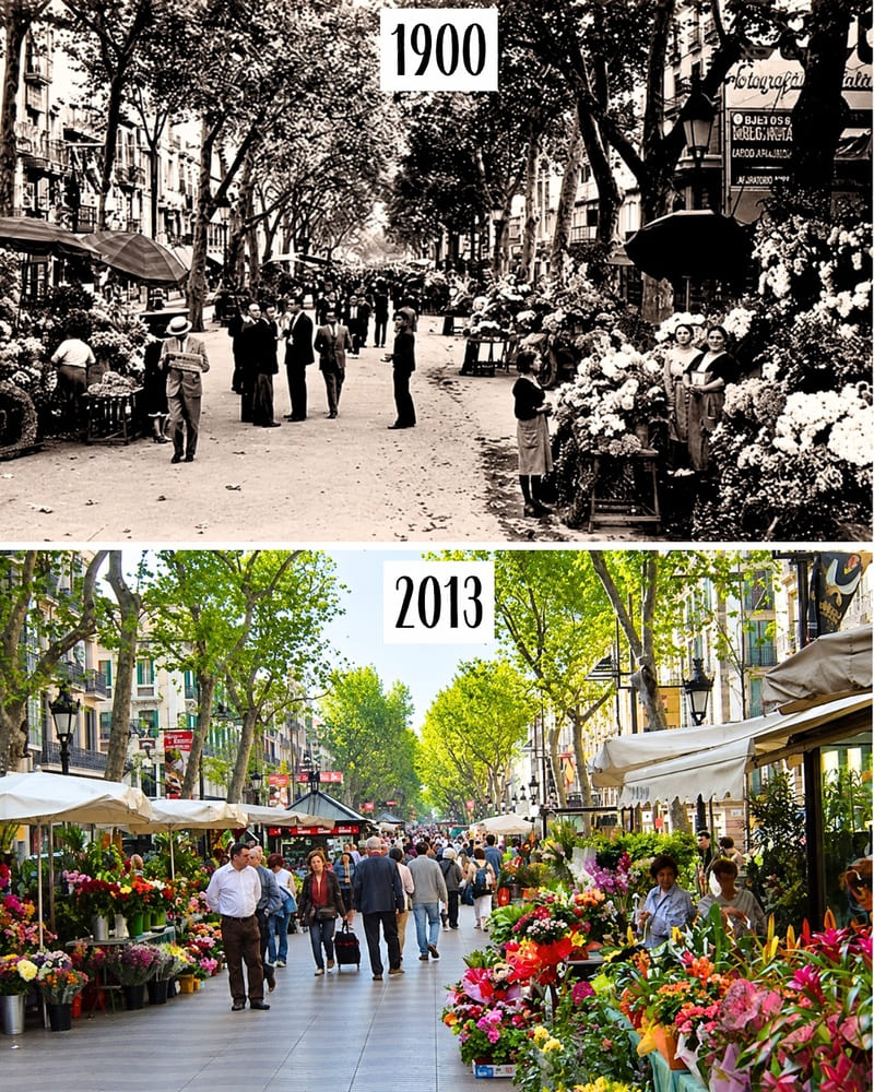 Flower stalls on La Rambla in 1900 and in 2013