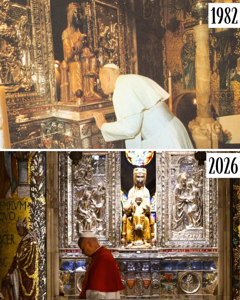 Popes praying before the Black Madonna of Montserrat in 1982 and 2026