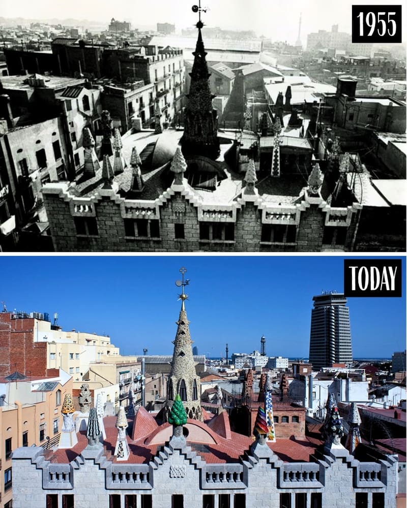 Rooftop of Palau Güell in 1955 and today