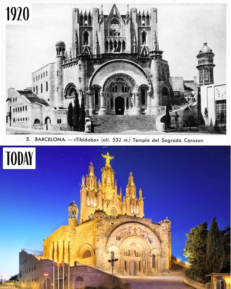 Temple of the Sacred Heart on Tibidabo in 1920 and today