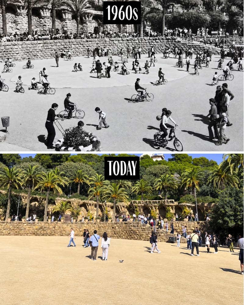 Park Güell terrace in the 1960s and today