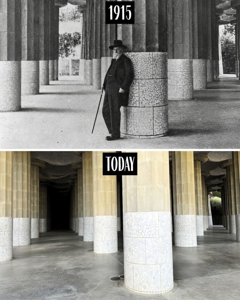 Columns of the Hypostyle Room at Park Güell in 1915 and today