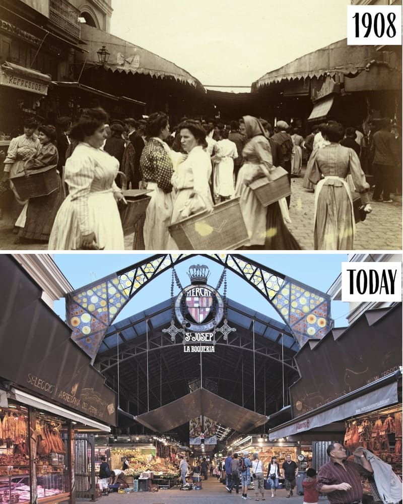 La Boqueria market in 1908 and today