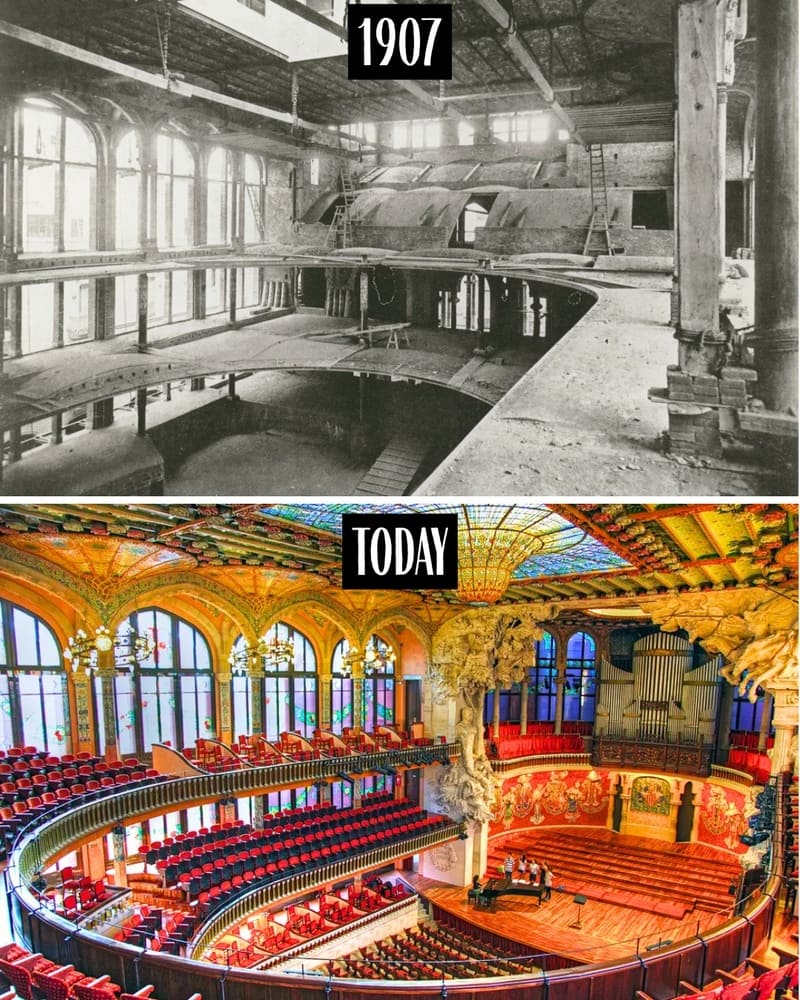 Palau de la Música Catalana in 1907 and today