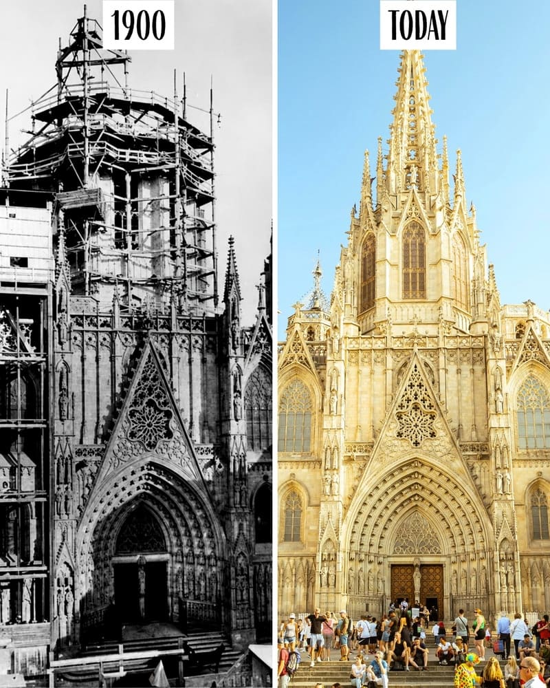 Barcelona Cathedral under scaffolding in 1900 and today