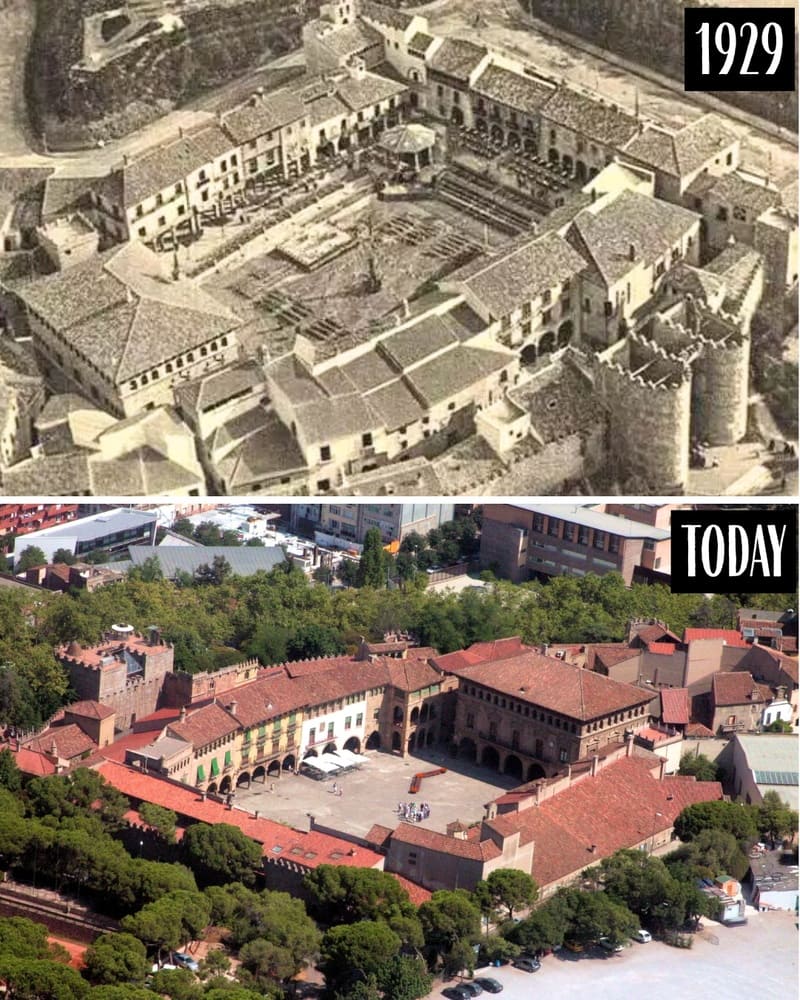 Aerial view of the Poble Espanyol in 1929 and today