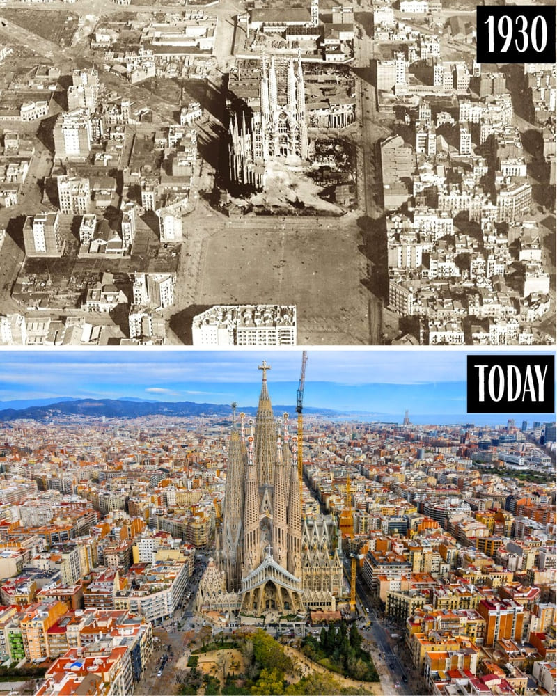 Aerial view of the Sagrada Família in 1930 and today