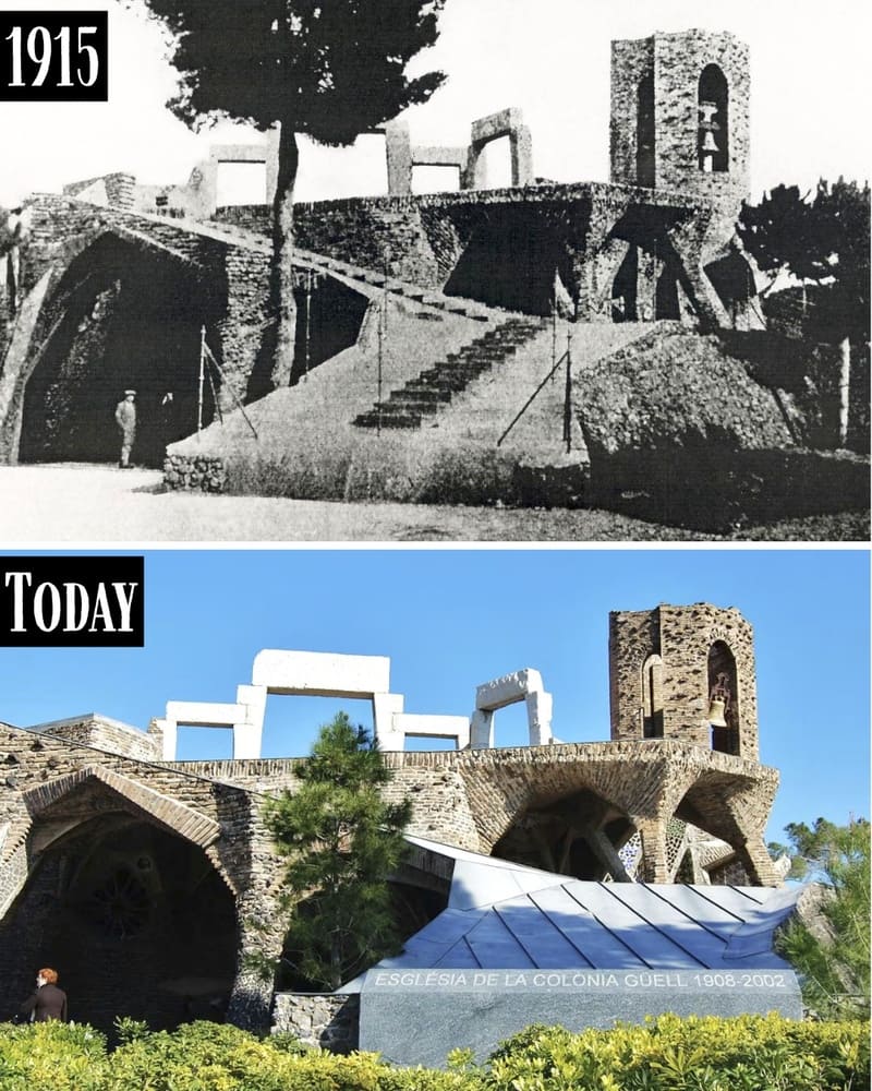 Crypt of the Colònia Güell church in 1915 and today