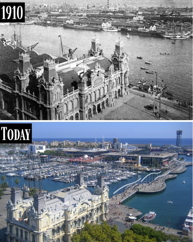 Port Vell harbor in 1910 and today