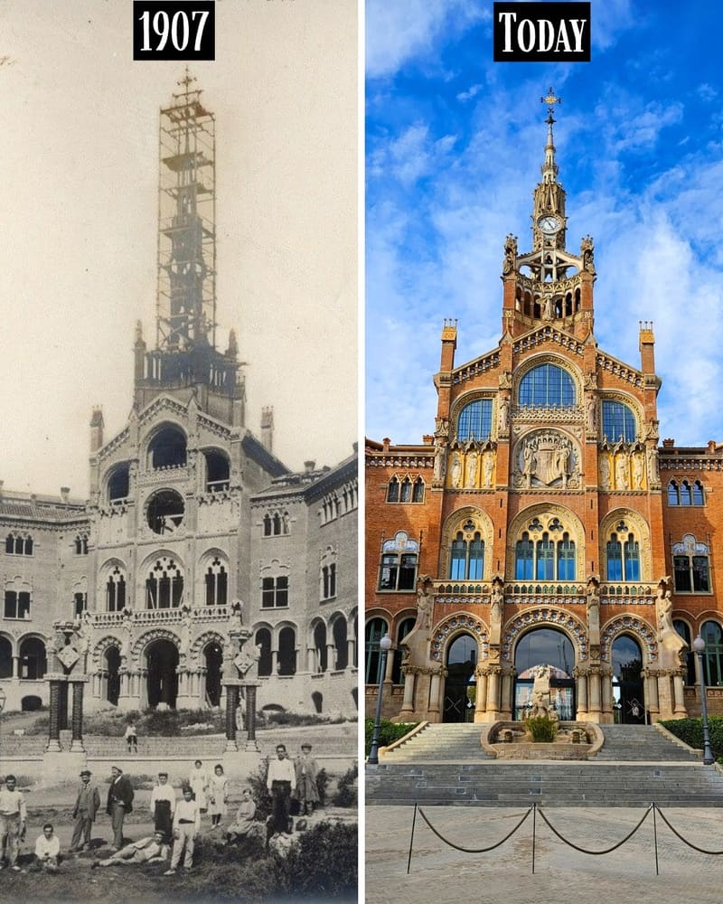 Administration building of the Hospital de Sant Pau in 1907 and today