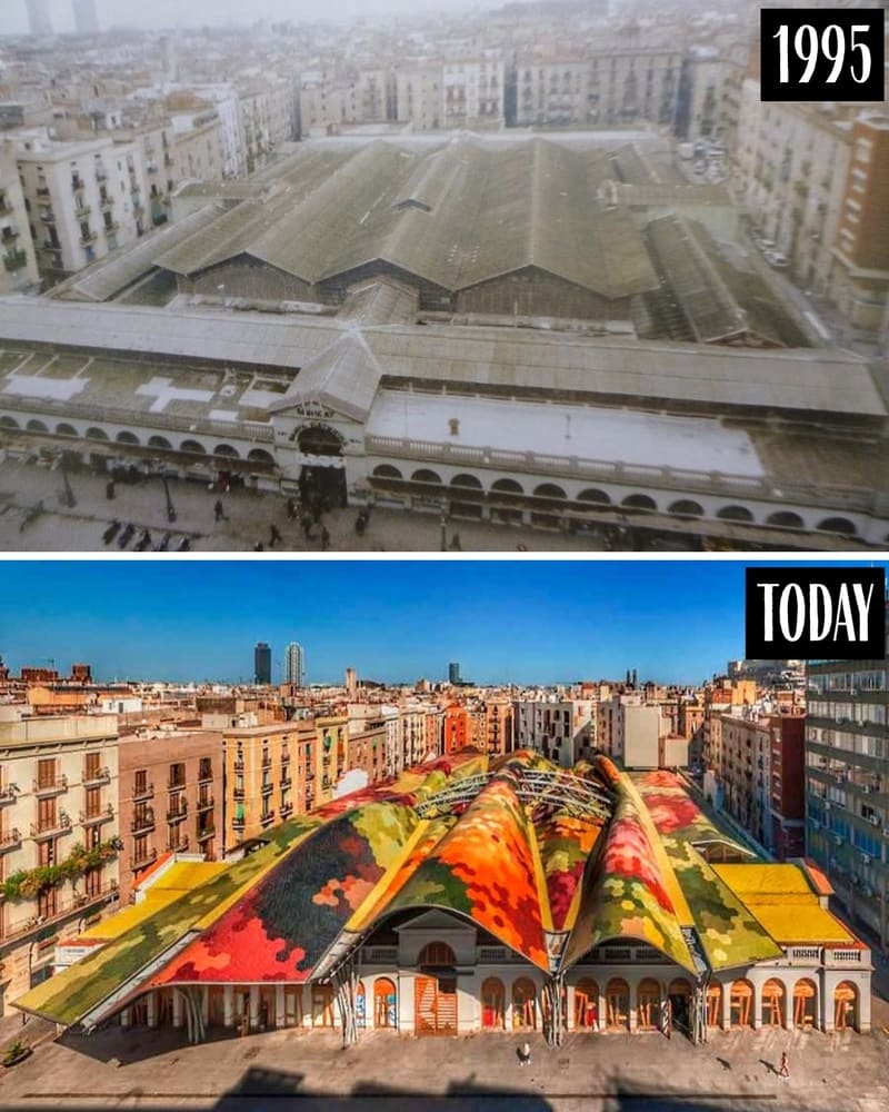 Aerial view of the Mercat de Santa Caterina in 1995 and today