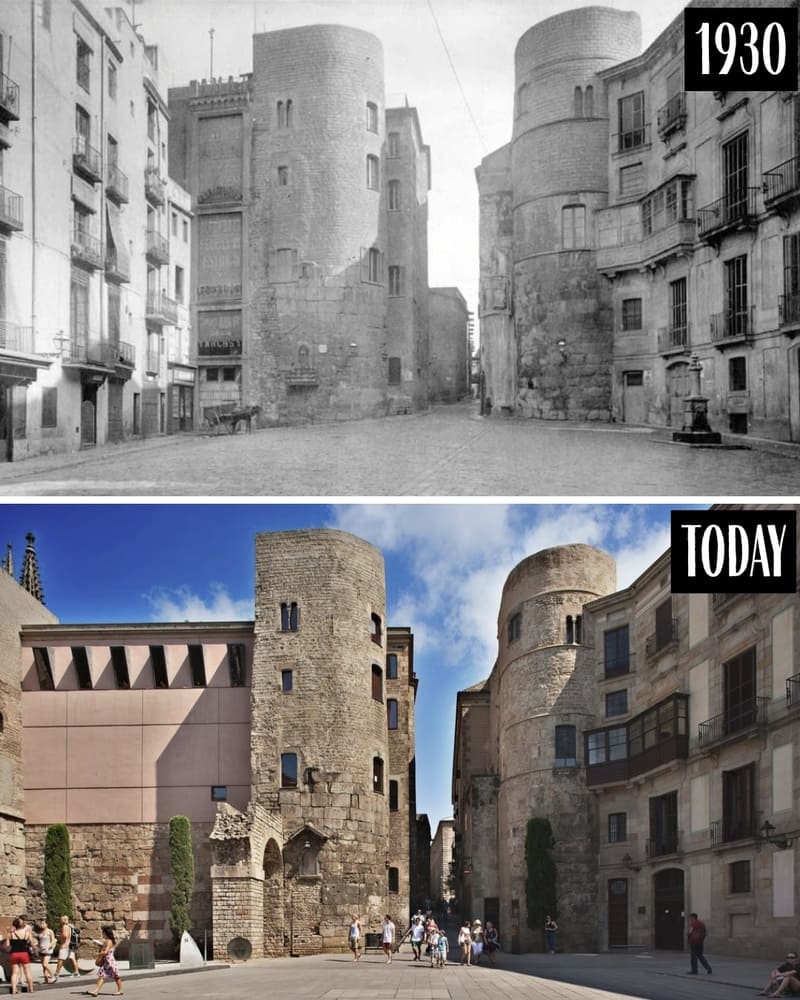 Roman towers in the Gothic Quarter in 1930 and today