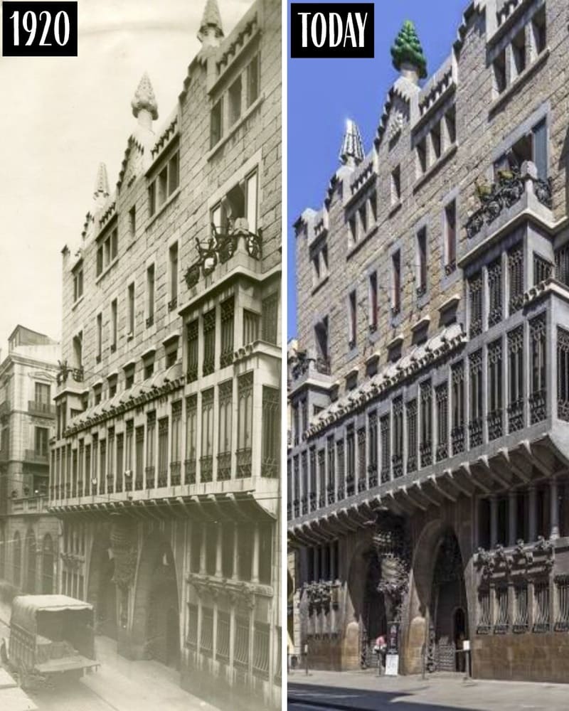 Façade of Palau Güell in 1920 and today