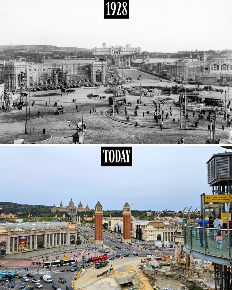 Plaça d'Espanya in 1928 and today