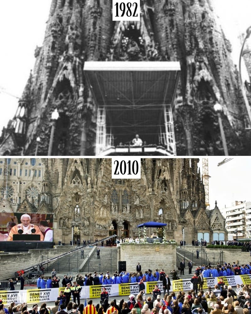 Papal visits inside the Sagrada Família in 1982 and 2010