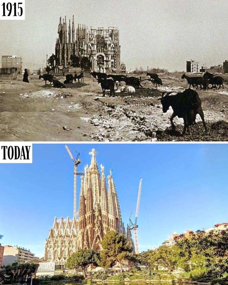 Sagrada Família in 1915 and today