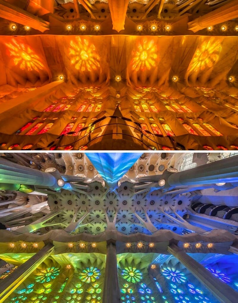 Sagrada familia red blue lights