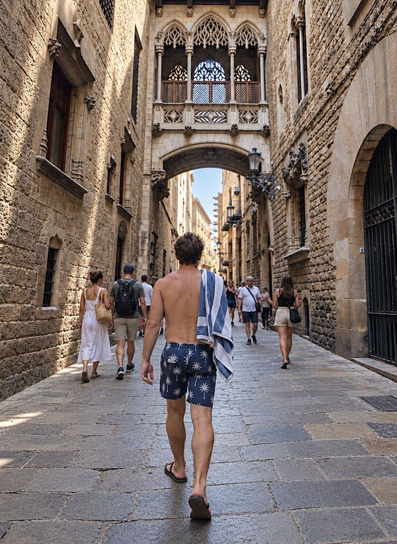 Tourist shirtless in swimwear gothic quarter
